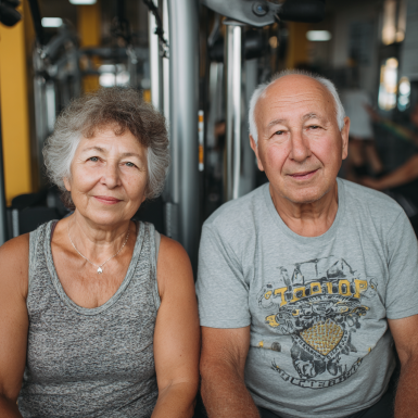 Активные пожилые люди занимаются фитнесом